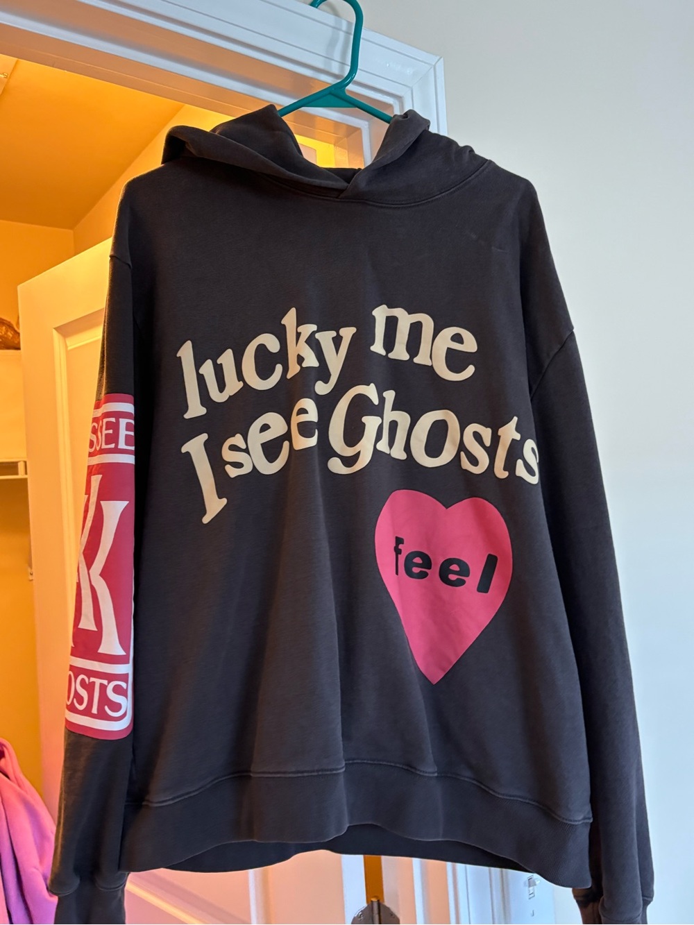Amazon Black Crewneck Sweatshirt with Cream Text and Pink Heart Graphic